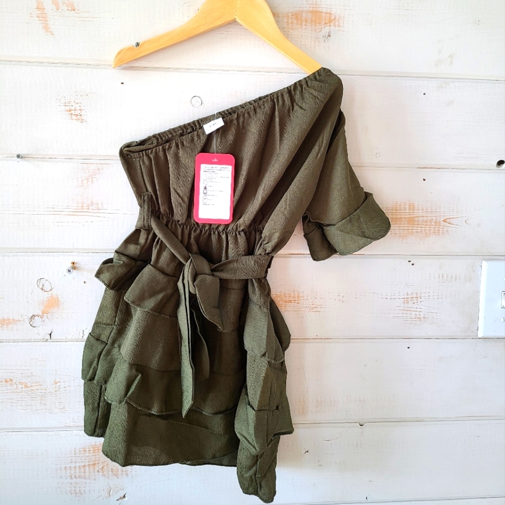 Olive green toddler one shoulder dress